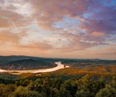 Sunset image of the beautiful Danube river curve, Pest county, Hungary